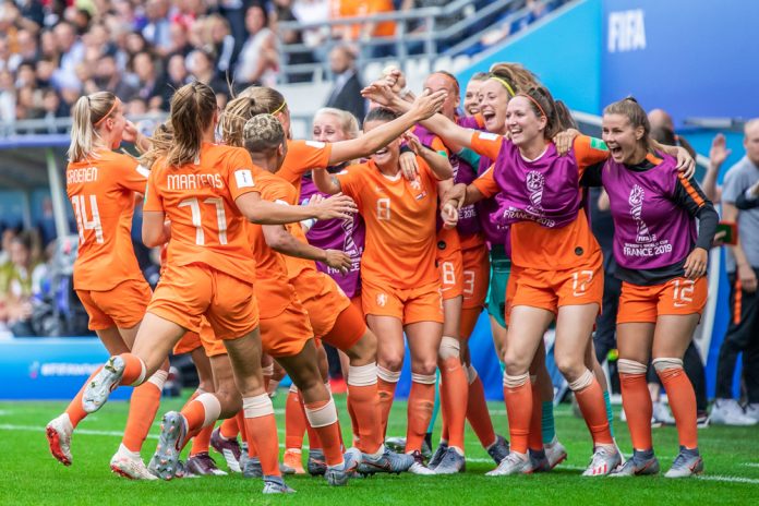 The Netherlands women's national football team celebrate together