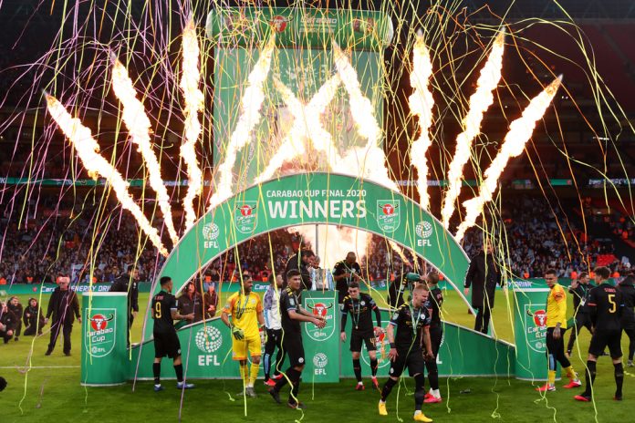 Manchester City players celebrate winning the 2020 Carabao Cup