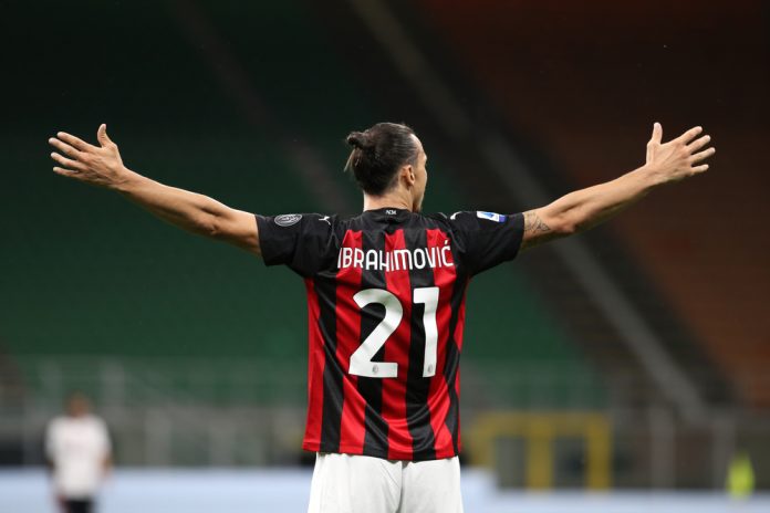 Zlatan Ibrahimović celebrates scoring for AC Milan