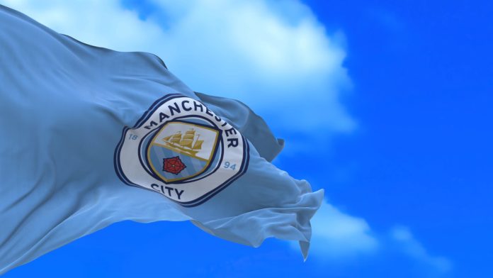 Flag of Manchester City in wind.