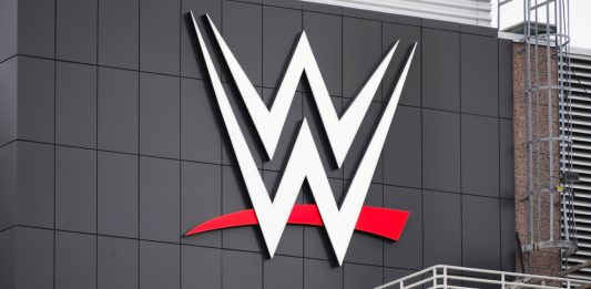 Stamford, CT - April 7, 2023 : World Wrestling Entertainment, Inc. also known as WWE logo on corporate headquarters building in Connecticut.