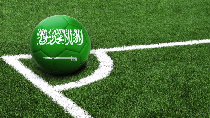 Saudi-branded football placed for a corner.