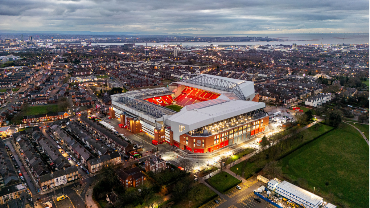Liverpool FC's stadium Anfield pictured at night time.