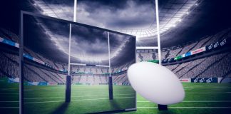 RLC announces 167 live games to be shown on SuperLeague+ Rugby ball positioned in front of TV and rugby sticks.