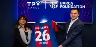 FC Barcelona joins forces with PPDS to raise funds for vulnerable children TPV Cares and Barca Foundation holding up FC Barcelona kit to signify the new partnership.