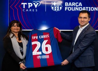 FC Barcelona joins forces with PPDS to raise funds for vulnerable children TPV Cares and Barca Foundation holding up FC Barcelona kit to signify the new partnership.