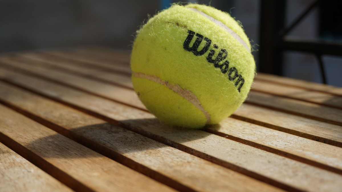 Wilson tennis ball on a wooden bench.