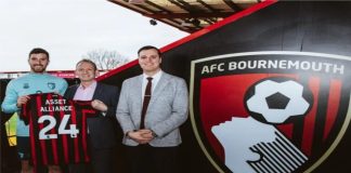 AFC Bournemouth signs partnership with Asset Alliance Group AFC Bournemouth and Asset Alliance Group holding up football kit to signify their new deal.