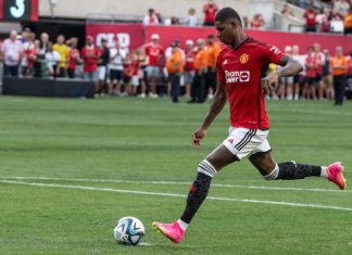 Manchester United launches co-branded energy drink Marcus Rashford taking a penalty.
