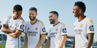 Real Madrid secures first-ever kit sleeve sponsorship Real Madrid first-team players posing in new sponsored kits.