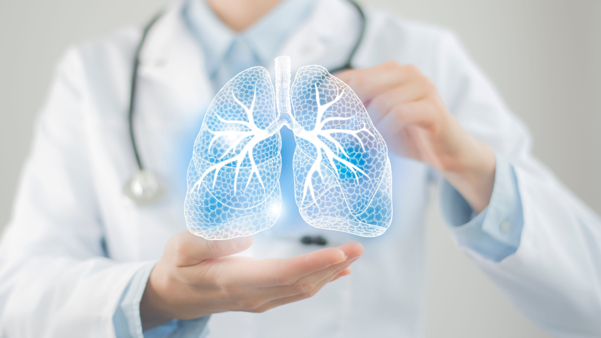 Female Doctor holding digital image of a pair of lungs.