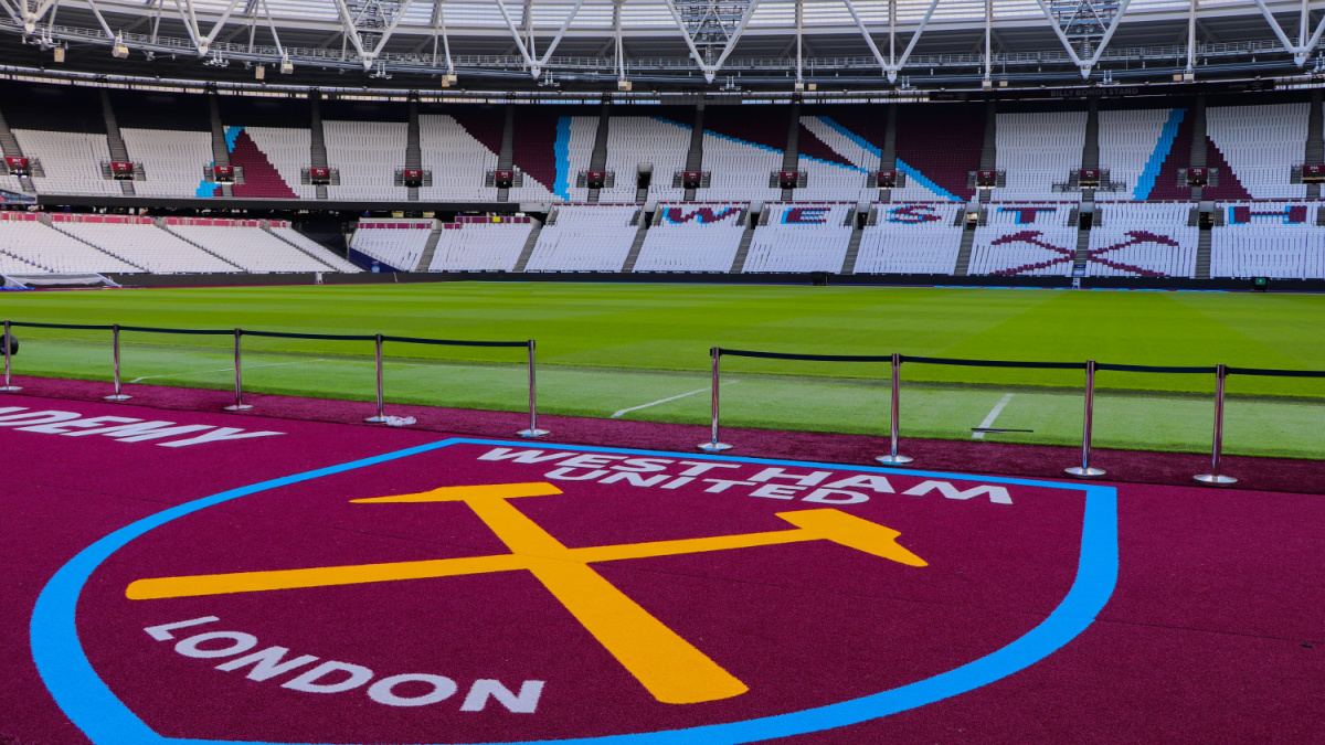 West Ham crest on floor in stadium.
