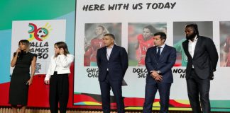 Morocco, Portugal and Spain unveil 2030 FIFA World Cup plans Nourredine Naybet, Luis Figo and Emmanuel Adebayor stood on stage.