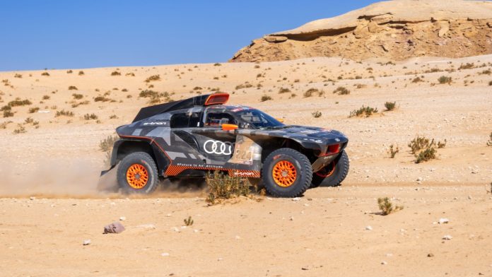 The Audi RS Q E-TRON car of the Team Audi Sport is running Stage 5 of the 2022 Dakar Rally