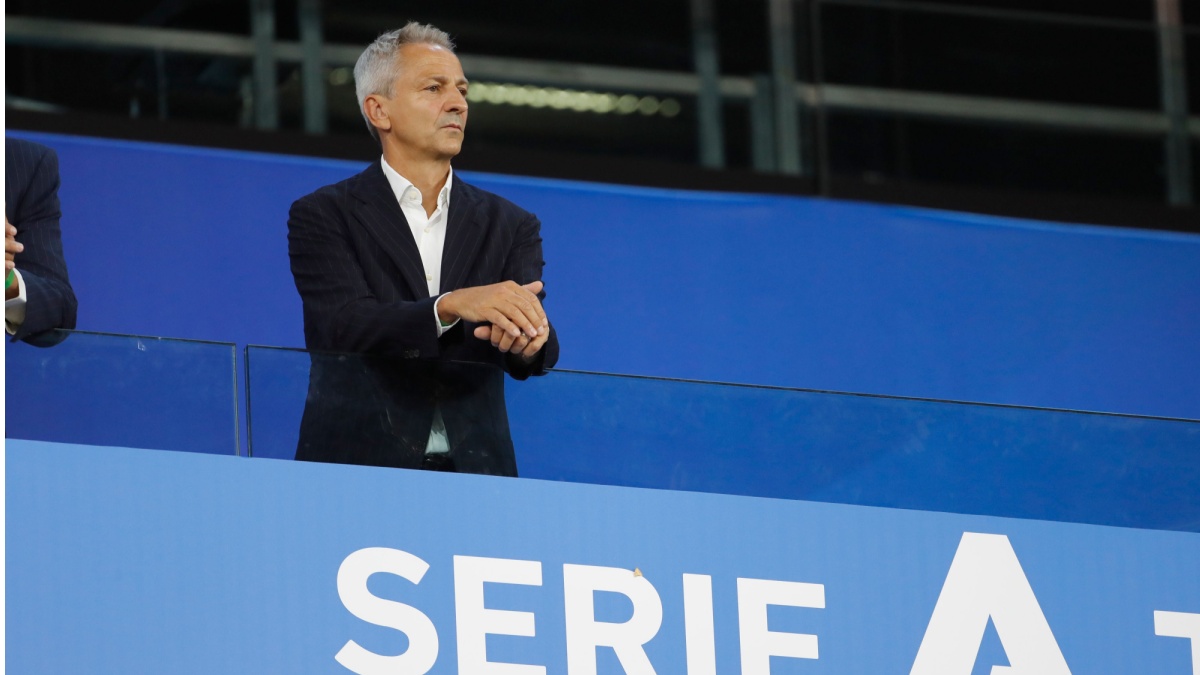 Italian football Serie A Championship. Prize giving for Juventus FC, winner of the Italian Serie A 2019-20. Fabio Dal Pino, President Lega Serie A.