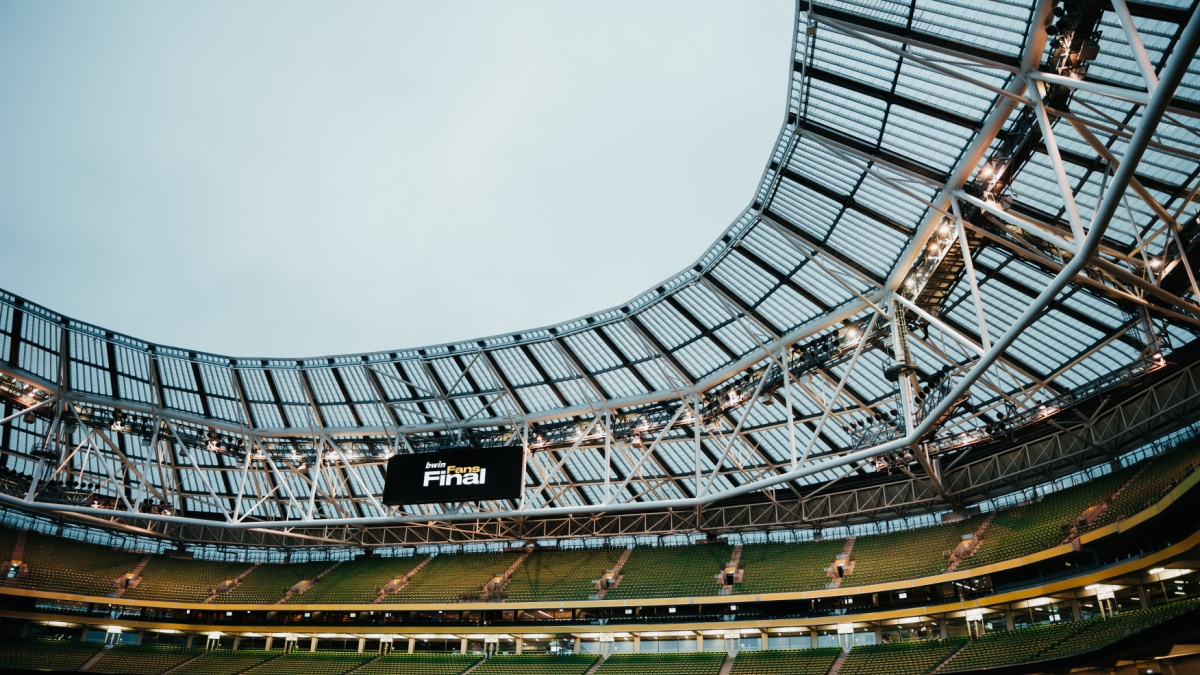 Aviva Stadium in Dublin with digital screen showcasing bwin Fan Final.