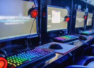 Rocket League Esports & Ally provide platform for women Gamer computer on line in internet cafe.