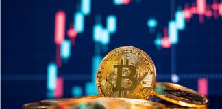 Ninth tier club eyes up Premier League after $4.5m bitcoin investment Bitcoin gold coin and defocused chart background.