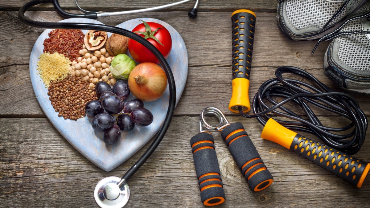 Healthy lifestyle concept with diet and fitness.