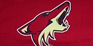 NHL resolves Coyotes’ ‘complex’ issue with relocation NHL Phoenix Arizona Coyotes club logo printed on textile equipment ,product shot.