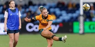 Rugby Australia partners with Cadbury to grow women’s Rugby Carys Dallinger of the Australian Wallaroos kicks a conversion during the Rugby Women's International match between Australia and Fiji.