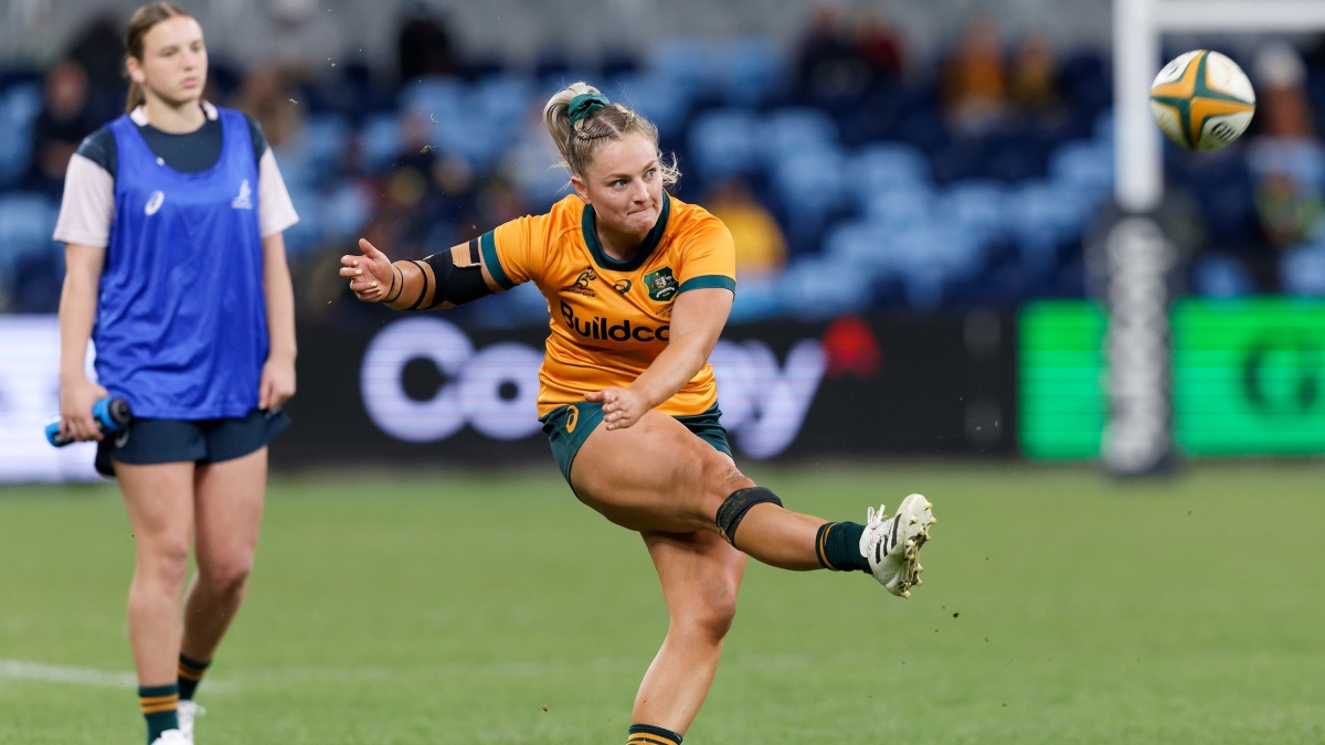 Carys Dallinger of the Australian Wallaroos kicks a conversion during the Rugby Women's International match between Australia and Fiji.
