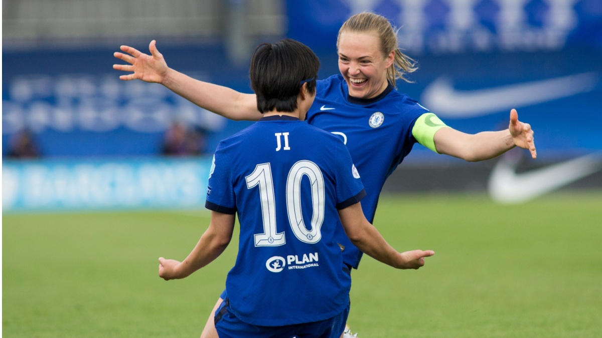 Ji So-Yun (Chelsea FC) celebrates after scoring during the 2020-21 UEFA Women’s Champions League fixture between Chelsea FC and Bayern Munich at Kingsmeadow.