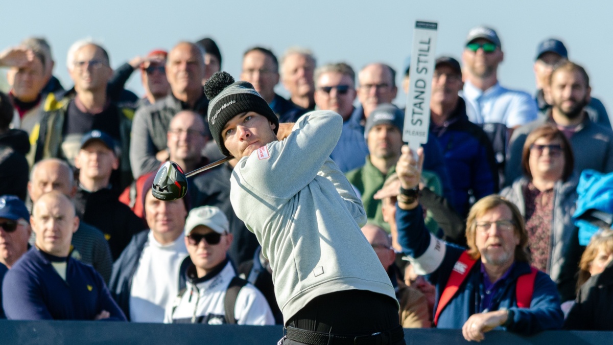 Alfred Dunhill Links Championship Round One at Carnoustie Golf Links, Nicolais Hojgaard drives off the 18th tee.