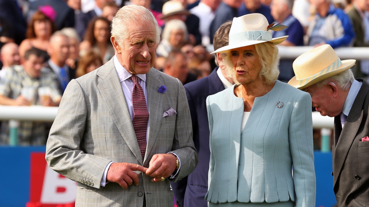 His Majesty King Charles and Her Majesty Queen Camilla in the Parade Ring at Doncaster Racecourse on St Leger day.
