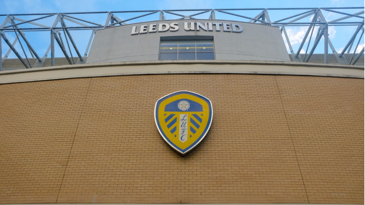 A low angle picture of Leeds United Football Club stadium at Elland Road in evening.