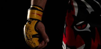 Is match-fixing a threat to MMA? OKTAGON says no Mixed martial arts (MMA) fighter. Detail of the yellow glove with tiger pants on black background.