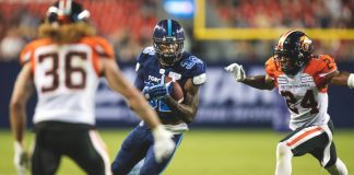 Owen Welsh, CFL: Building a pre-season plan-of-attack with betting partners Toronto Argonauts Running back James Wilder Jr (32) running for a touch down during the BC lions at Toronto Argonauts game at BMO Field in Toronto, ON.