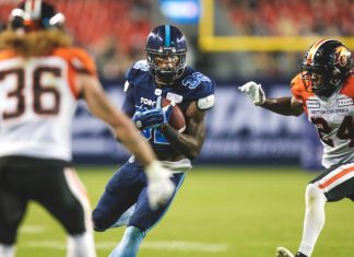 Owen Welsh, CFL: Building a pre-season plan-of-attack with betting partners Toronto Argonauts Running back James Wilder Jr (32) running for a touch down during the BC lions at Toronto Argonauts game at BMO Field in Toronto, ON.