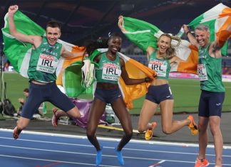 EBU breaks record viewership for Roma 2024 Championships Christopher O'DONNELL, Rhasidat ADELEKE, Thomas BARR, Sharlene MAWDSLEY of Ireland win gold medal in 4 x 400m Relay Mixed Final European Athletics Championships 2024 in Rome.