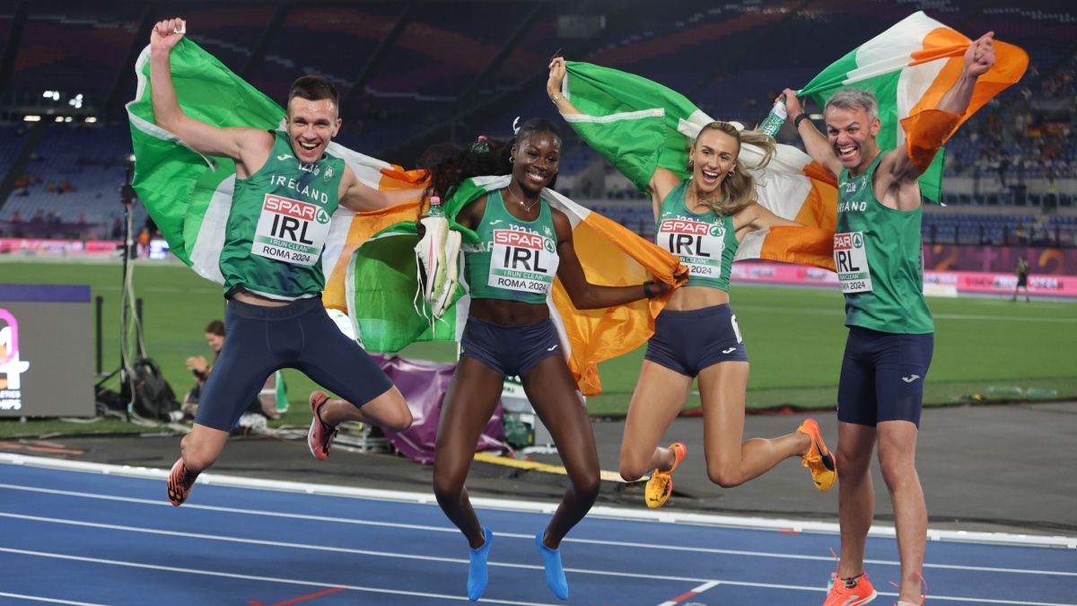 Christopher O'DONNELL, Rhasidat ADELEKE, Thomas BARR, Sharlene MAWDSLEY of Ireland win gold medal in 4 x 400m Relay Mixed Final European Athletics Championships 2024 in Rome.