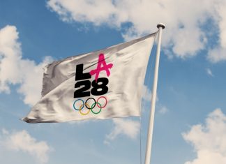 Will LA28’s venue naming rights tip the Olympics into over-commercialisation? A photo illustration of the LA28 Summer Olympic Games logo on a flag.