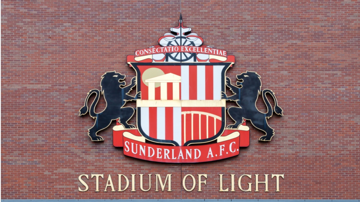 The Sunderland Football Club crest adorns the club's home, the Stadium of Light, in Sunderland, England.