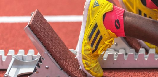 STOCKHOLM, SWEDEN - JUNE 18, 2017: Staring blocks at the IAAF Diamond League in Stockholm.