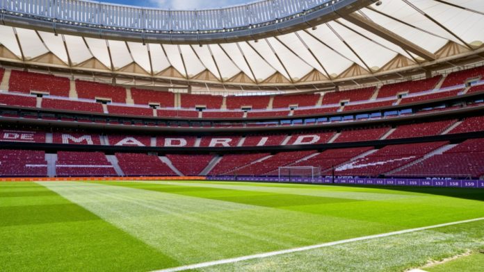 Pitch view at Civitas Metropolitano arena - the official playground of FC Atletico.