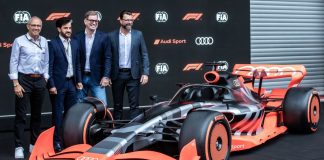 Audi announces bp as first partner ahead of 2026 F1 debut F1 World Championship. Belgian Grand Prix. Stefano Domenicali, Mohammed Ben Sulayem, Markus Duesmann and Oliver Hoffmann, reveal Audi’s liveried showcar.