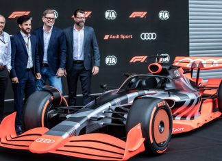 Audi announces bp as first partner ahead of 2026 F1 debut F1 World Championship. Belgian Grand Prix. Stefano Domenicali, Mohammed Ben Sulayem, Markus Duesmann and Oliver Hoffmann, reveal Audi’s liveried showcar.