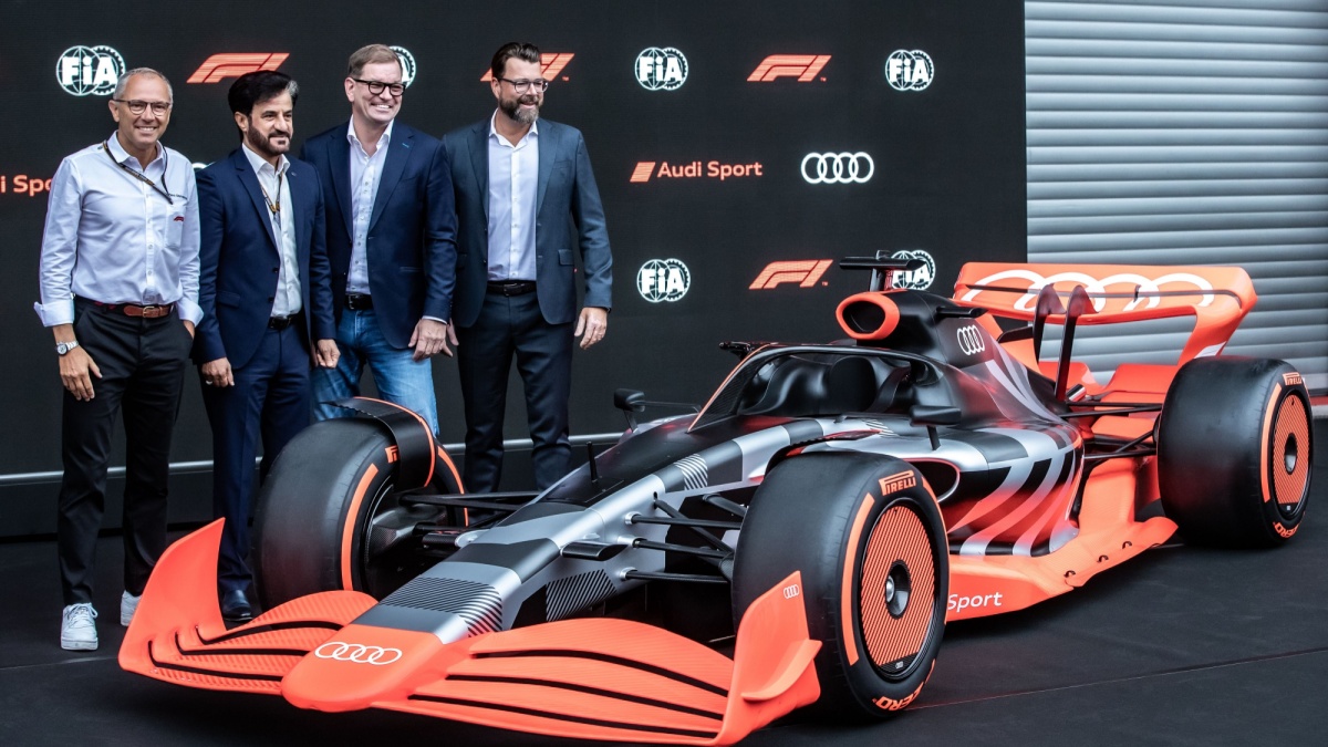 F1 World Championship. Belgian Grand Prix. Stefano Domenicali, Mohammed Ben Sulayem, Markus Duesmann and Oliver Hoffmann, reveal Audi’s liveried showcar.