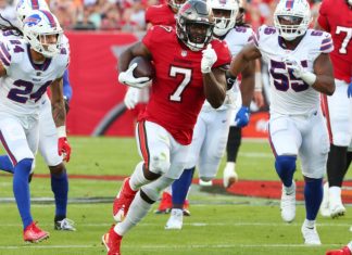 NFL drives innovation with solidified Sony partnership Leonard Fournette during an NFL game at Raymond James Stadium.