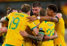 Football Australia sets media rights benchmark with Paramount Australian players celebrate a goal by Kye Rowles of Australia during the FIFA World Cup 2026 Qualifier match between Australia and Lebanon at Western Sydney Stadium on Mar 21,2024 in Sydney,Australia.