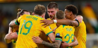 Football Australia sets media rights benchmark with Paramount Australian players celebrate a goal by Kye Rowles of Australia during the FIFA World Cup 2026 Qualifier match between Australia and Lebanon at Western Sydney Stadium on Mar 21,2024 in Sydney,Australia.