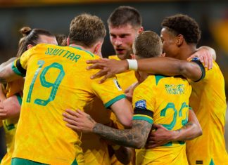 Football Australia sets media rights benchmark with Paramount Australian players celebrate a goal by Kye Rowles of Australia during the FIFA World Cup 2026 Qualifier match between Australia and Lebanon at Western Sydney Stadium on Mar 21,2024 in Sydney,Australia.