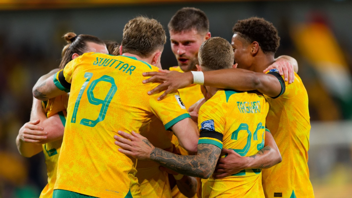 Australian players celebrate a goal by Kye Rowles of Australia during the FIFA World Cup 2026 Qualifier match between Australia and Lebanon at Western Sydney Stadium on Mar 21,2024 in Sydney,Australia.