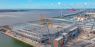 Report: Premier League clubs plan to get building over next 10 years Everton Football Club new Stadium being built on Bramley Moore Dock along the River Mersey.