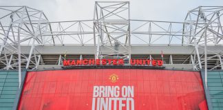 Manchester United nears PSR edge despite record revenue Views of Old Trafford stadium the home to Manchester United football club.