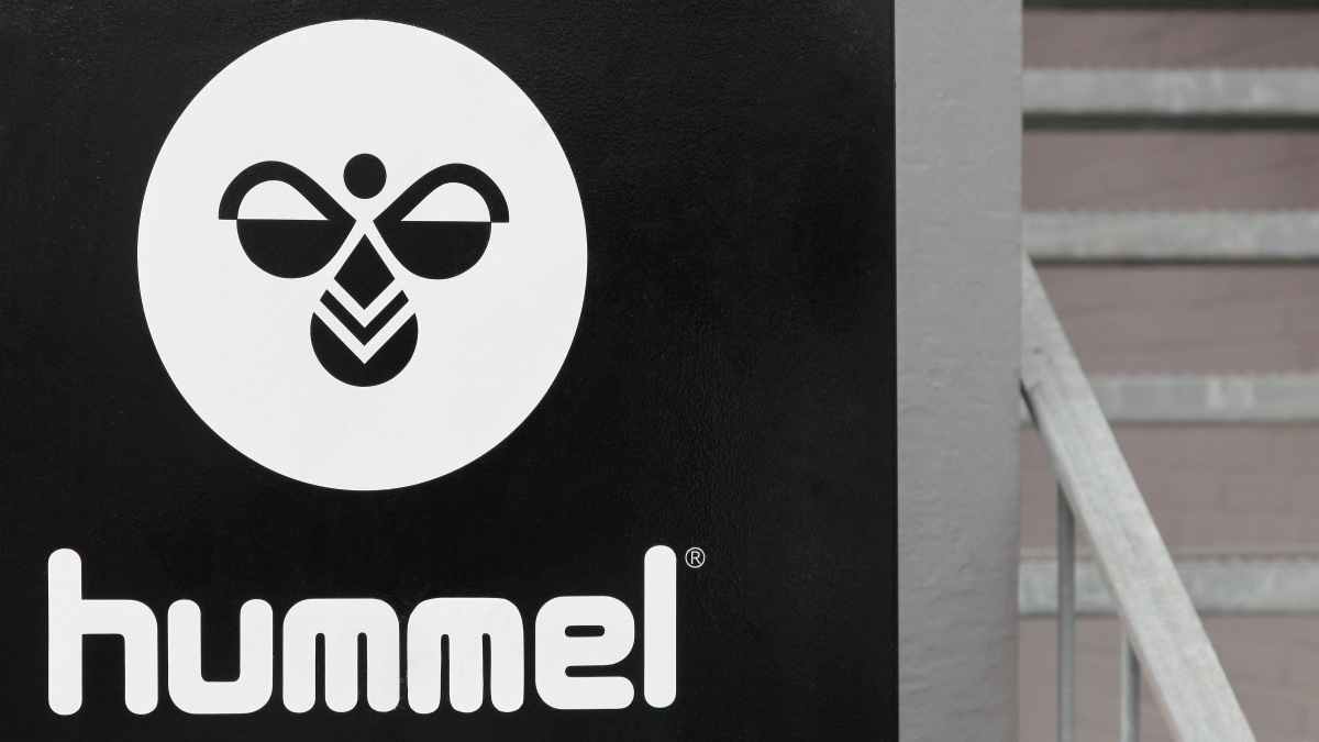 Hummel logo on a wall. Hummel International is a sportswear company based in Aarhus, Denmark.
